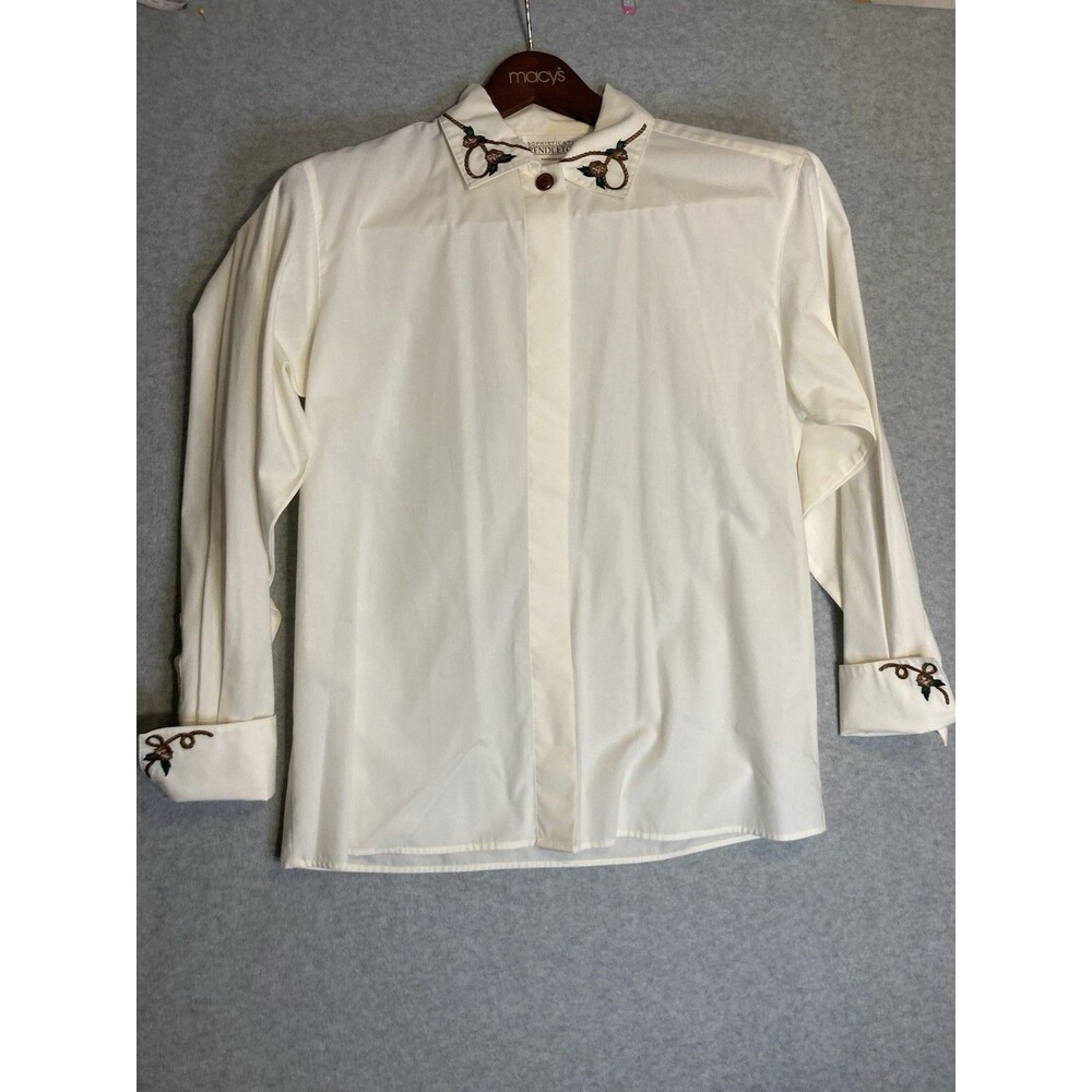 Pendleton VTG Sz L Dress Shirt Button Up Cream Embroidered Floral Cuffs Classic